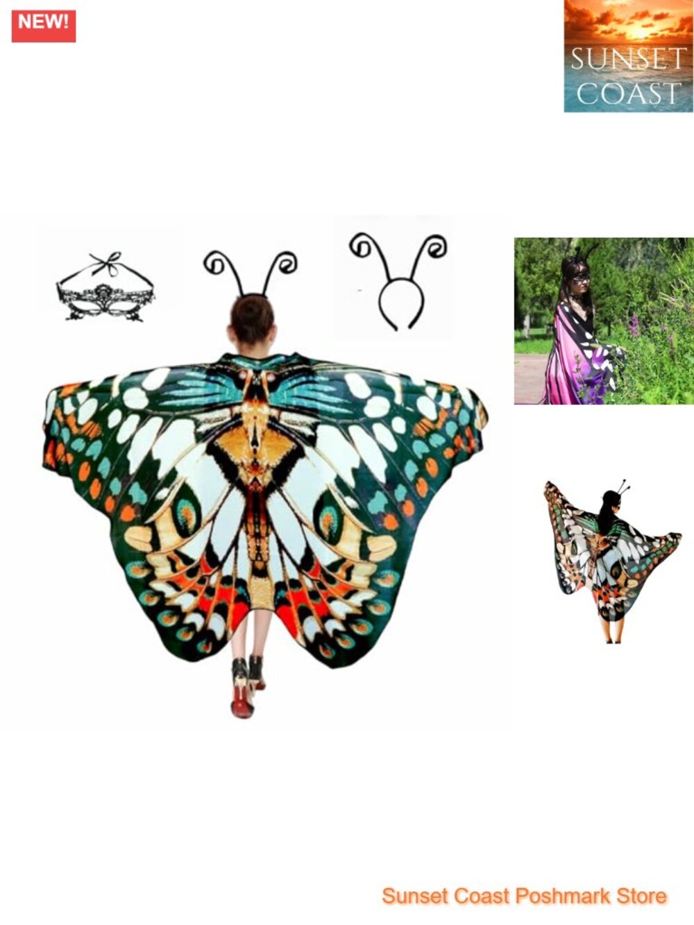 Butterfly Wings Cape Costume Set with Mask Headband Chiffon Women Halloween